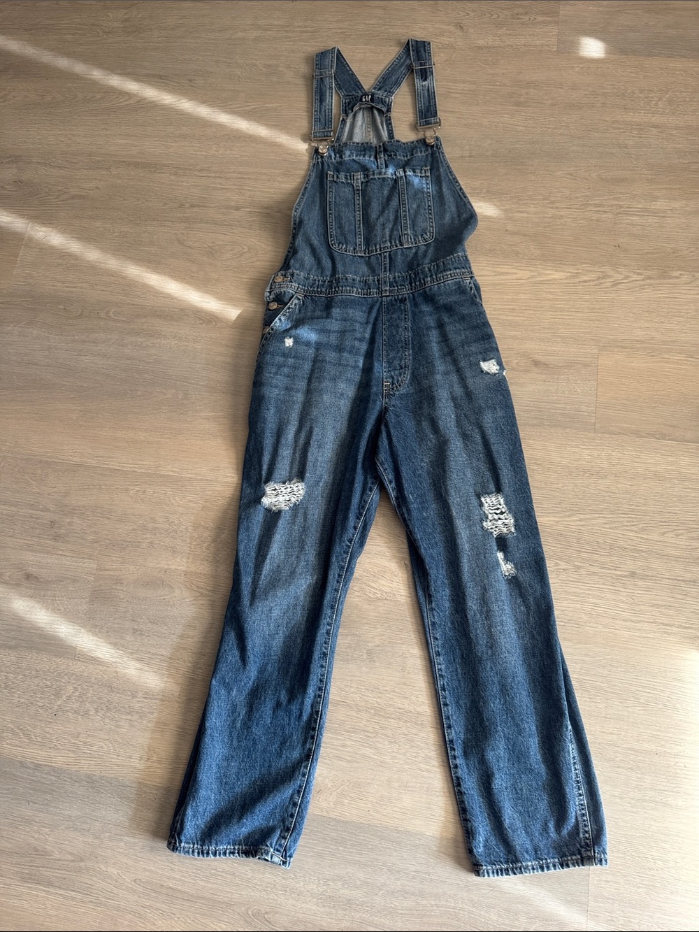 GAP Distressed Dark Blue Denim Overalls- Women’s Large. Gently Used Condition.